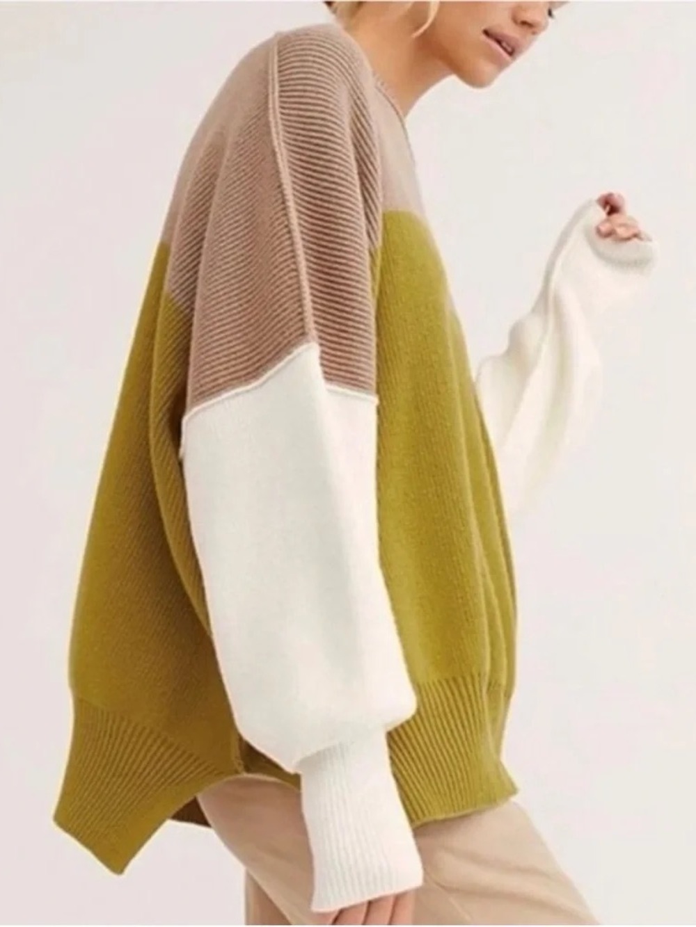 Free People Colorblock Crewneck Sweater - Olive Green, Taupe & Cream